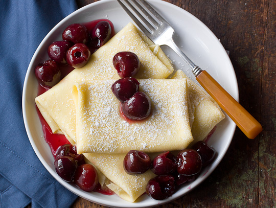 Baked Ricotta Blintzes with Fresh Cherry Sauce