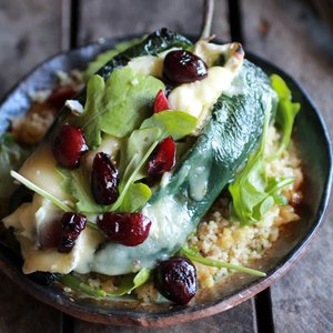 Roasted Cherry, Couscous and Brie Stuffed Poblano Peppers