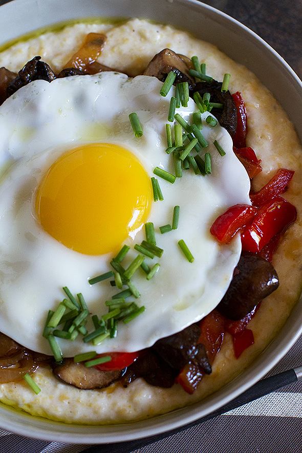 Creamy Polenta with Melted Peppers and Sauteed Mushrooms