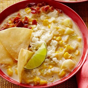 Corn Chowder with Chili Powder and Crumbled Cotija Cheese