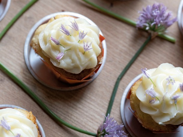 Popcorn Chive Blossom Cupcakes