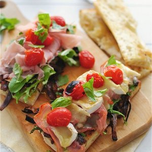 Toasted Ciabatta Sandwiches w/ Carmalized Onions, Arugula, Proscuitto & Brie