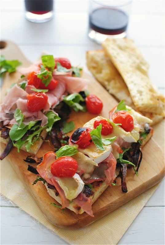 Toasted Ciabatta Sandwiches w/ Carmalized Onions, Arugula, Proscuitto & Brie