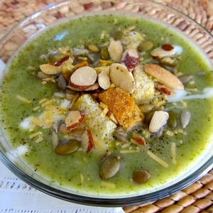 Skinny Cream of Broccoli Soup with Cheddar and Croutons
