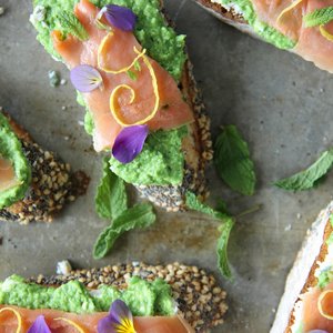 Smoked Salmon, Pea and Goat Cheese Crostini