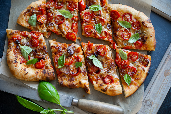 Studded Cherry-Tomato, Bacon and Blue Cheese Pizza