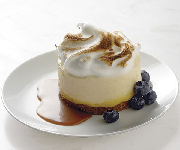 Frozen Lemon Cream Cakes with Toasted Meringue and Caramel Sauce