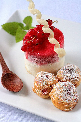 Redcurrant Sorbet and Faisselle Ice Cream with Fried Strawberries