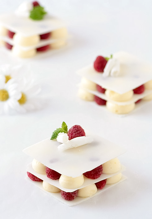 White Chocolate, Vanilla Bean Cardamom Mousse and Raspberry Layers