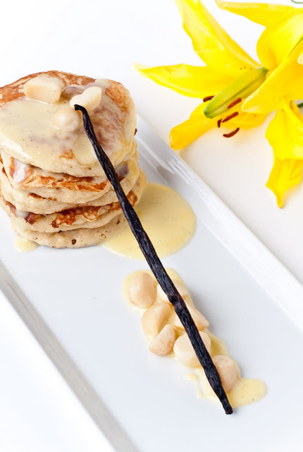 Banana Macadamia Nut Pancakes with White Chocolate Crème Anglaise