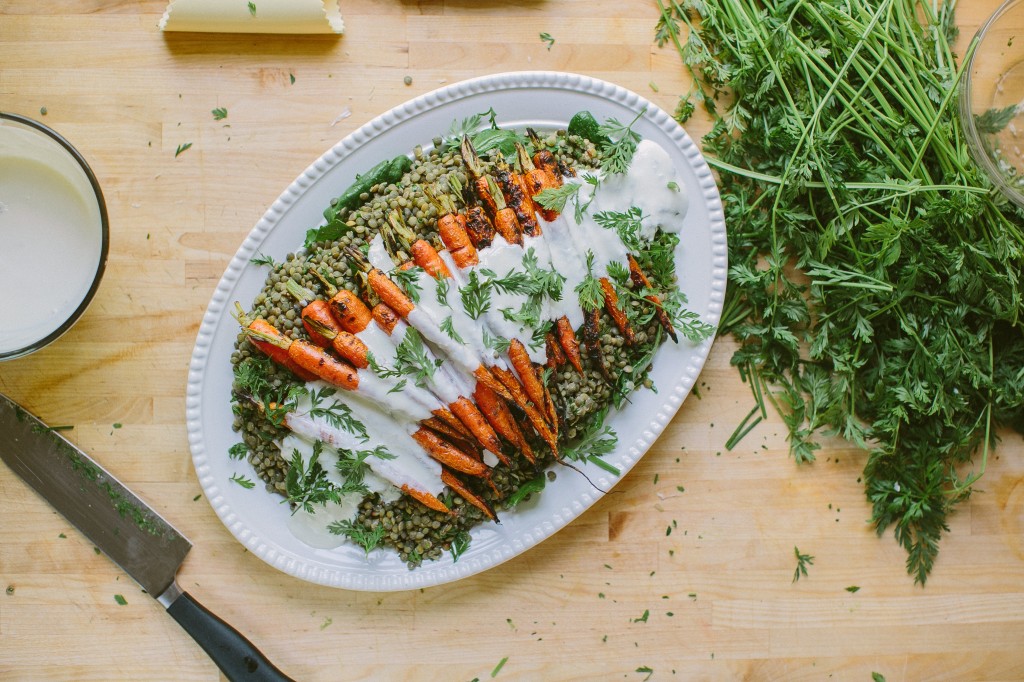 Grilled Carrots over Lentils with Horseradish Yogurt Sauce