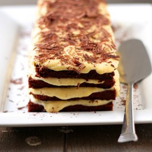 Layered Dark Chocolate and Egg Nog Mousse Cake