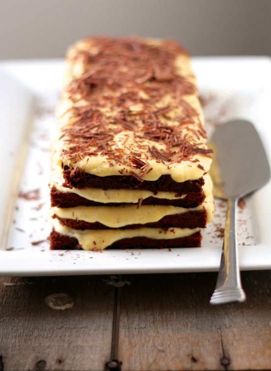 Layered Dark Chocolate and Egg Nog Mousse Cake