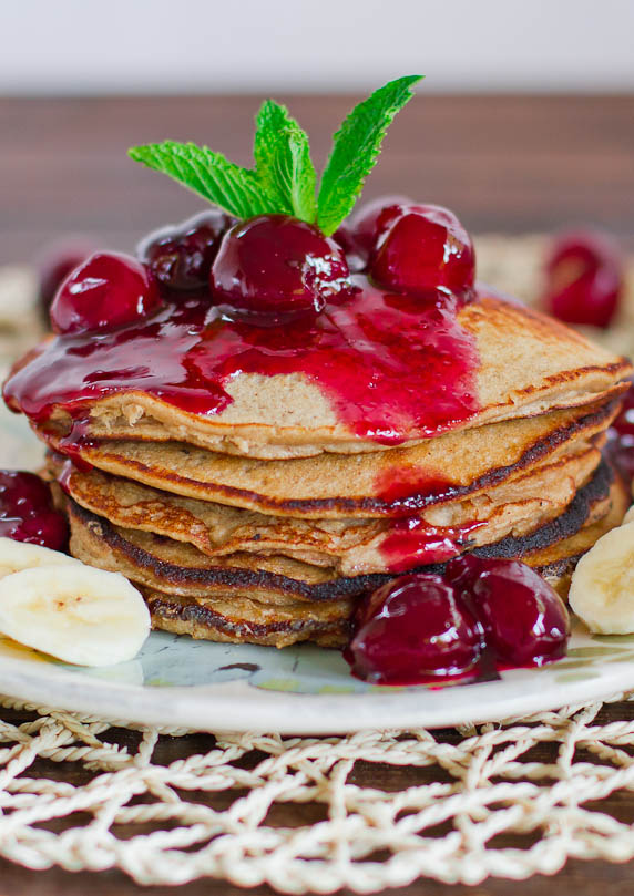Banana Oatmeal Pancakes with Fresh Cherry Sauce