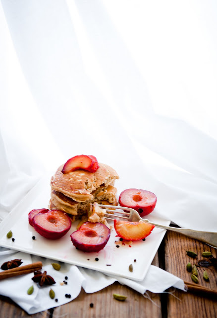 Chai Pancakes with Black Tea-Poached Plums