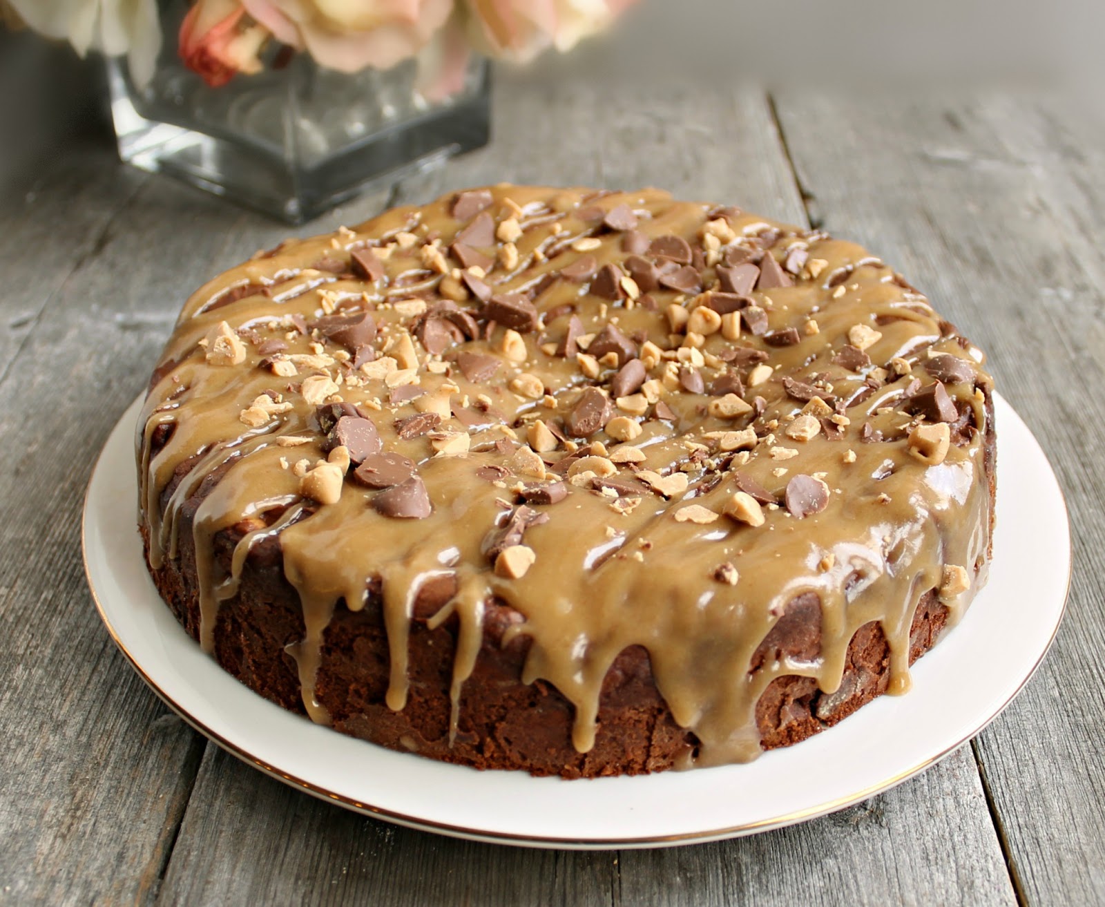 Double Chocolate Chip Cake with Salted Peanut Butter Glaze