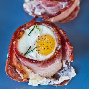Goat Cheese and Eggs in Bacon Baskets