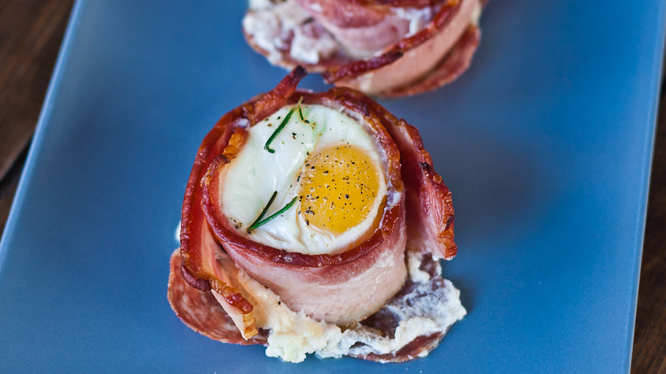 Goat Cheese and Eggs in Bacon Baskets