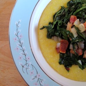 Kale and Green Garlic with Cheesy Polenta