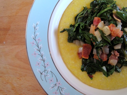 Kale and Green Garlic with Cheesy Polenta