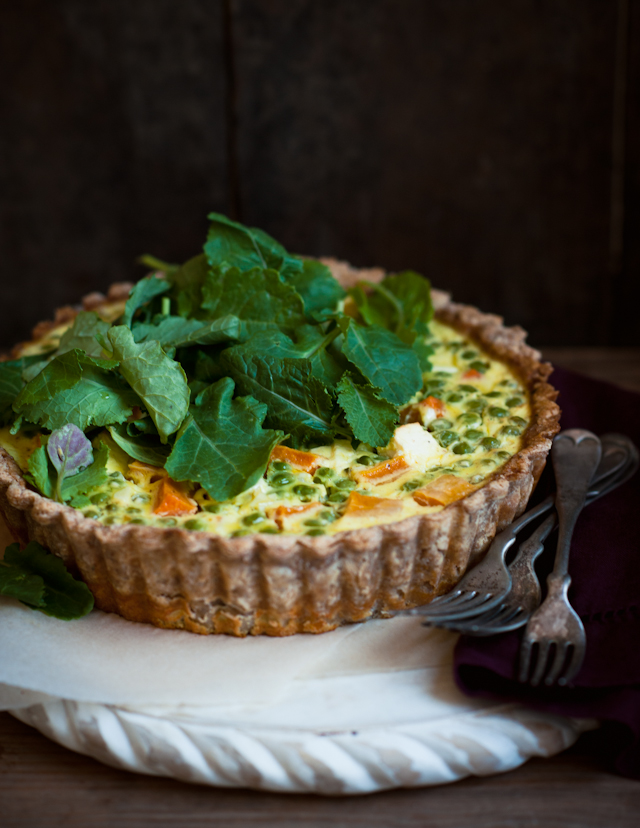 Spring Quiche, with Butternut Squash, Peas and Feta