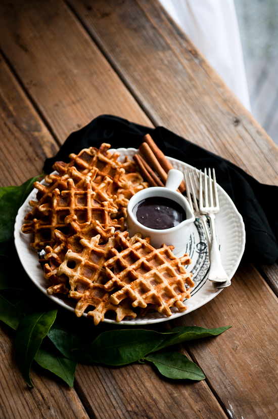 Orange Cinnamon Belgian Waffles with Dark Chocolate Hot Fudge