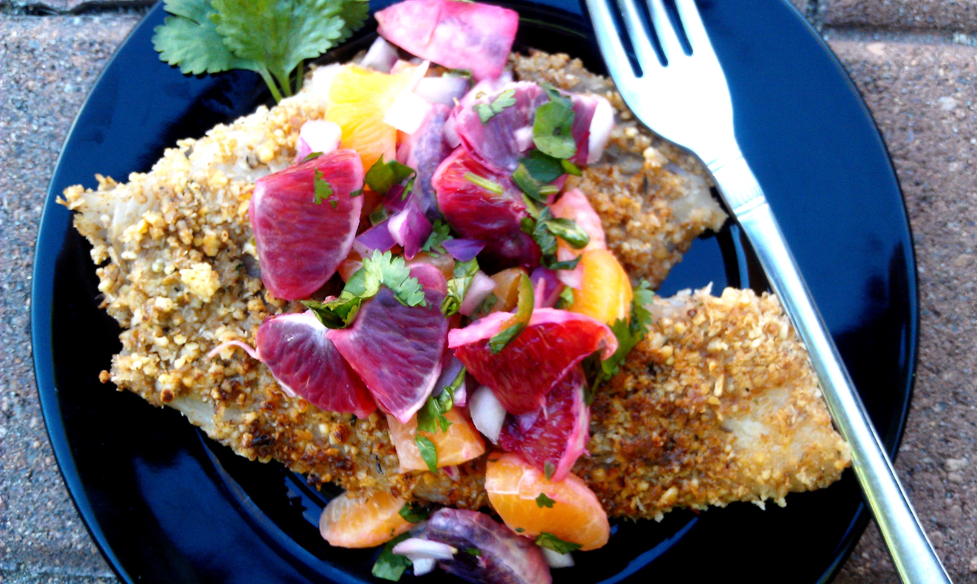 Blood Orange Salsa over Pecan Encrusted Tilapia