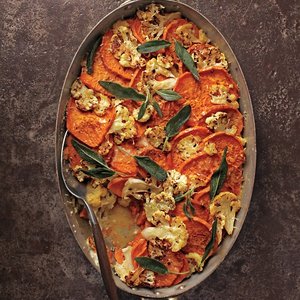 Sweet Potato-Cauliflower Gratin with Crispy Sage Leaves