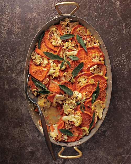 Sweet Potato-Cauliflower Gratin with Crispy Sage Leaves