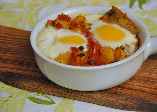 Eggs in Purgatory with Artichoke Hearts, Potatoes and Capers