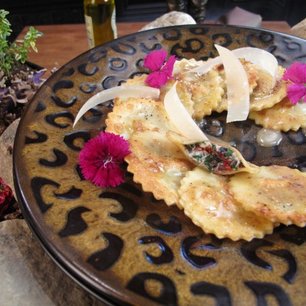 Swiss Chard Mascarpone Ravioli Drizzled w/ Truffle Creme