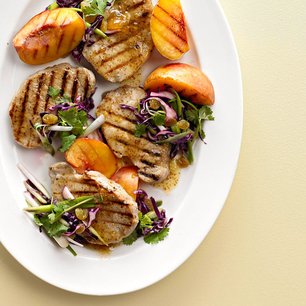 Vanilla Peach Pork Chops with Green Onion Slaw