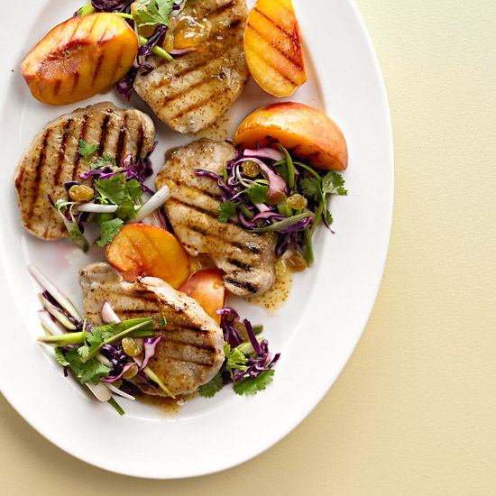 Vanilla Peach Pork Chops with Green Onion Slaw