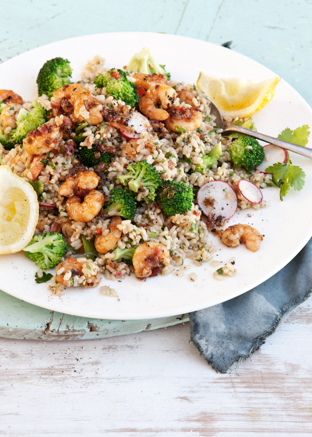 Brown Rice and Garlicky Chilli Prawn Salad, with Capers, Broccoli and Radish, Crushed Peanuts
