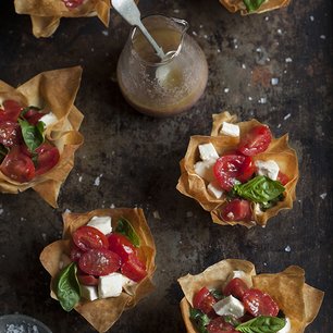 Caprese Salad in Phyllo Baskets with an Olive Tapenade Vinaigrette