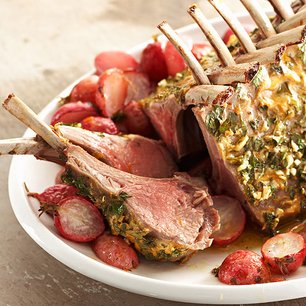 Herb-Crusted Rack of Lamb with Roasted Radishes and Orange Vinaigrette