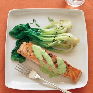 Salmon with Wasabi Sauce and Baby Bok Choy