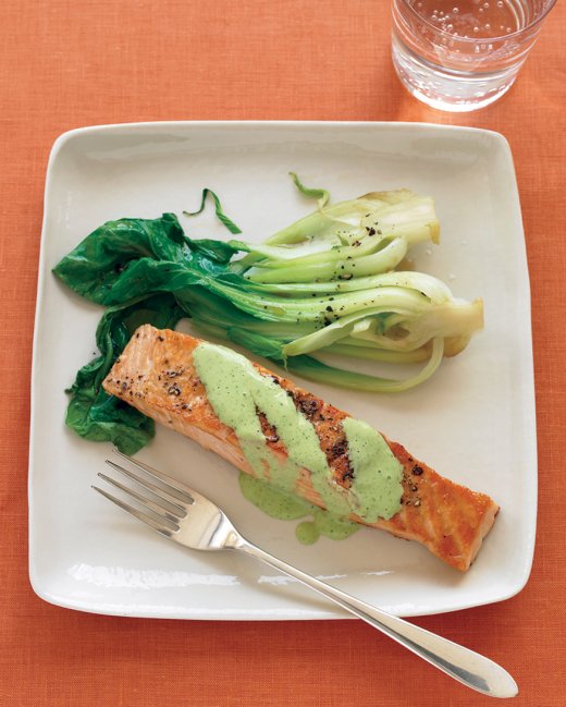 Salmon with Wasabi Sauce and Baby Bok Choy