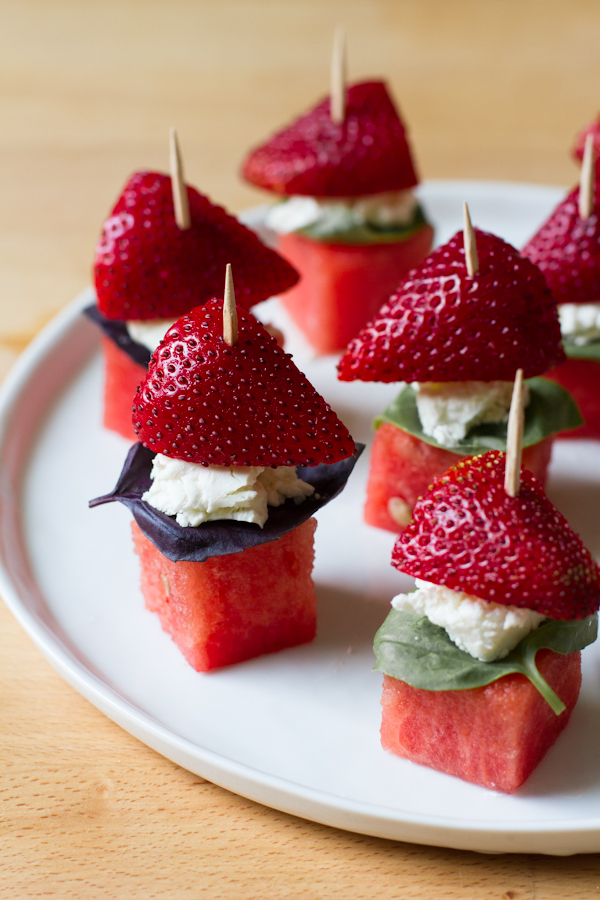 Watermelon, Strawberry, Basil Skewers