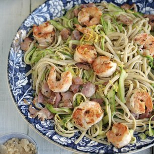 Chilli and Garlic Prawn Linguini with Bacon, Zucchini and Lemon