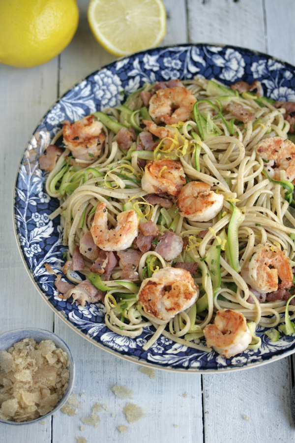 Chilli and Garlic Prawn Linguini with Bacon, Zucchini and Lemon