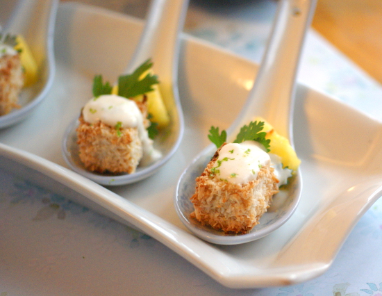 Coconut Crusted Tofu and Pineapple Bites with Creamy Green Curry Sauce
