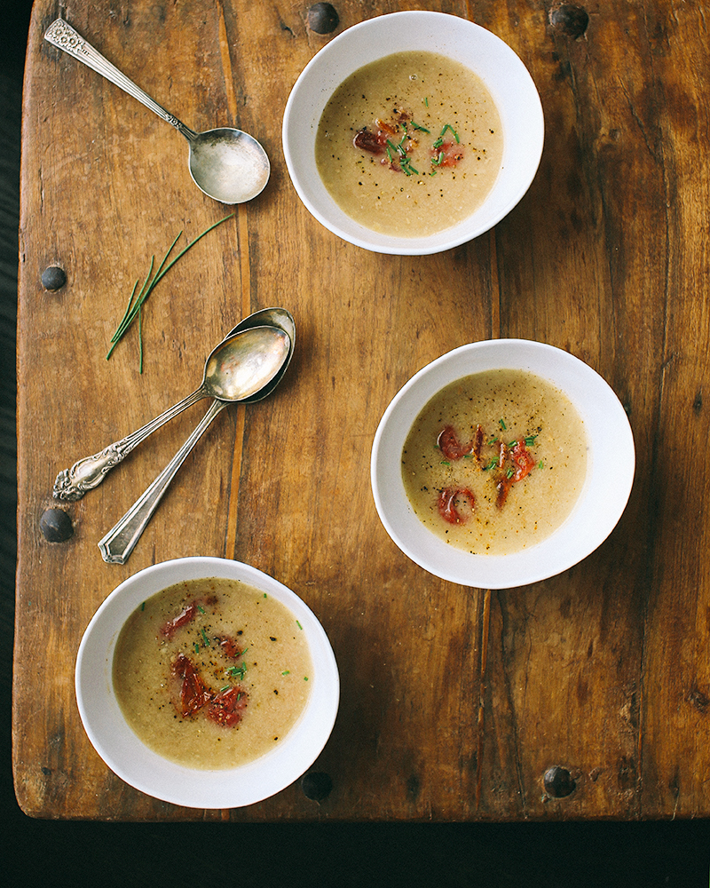 Pureed White Bean Soup with Bacon and Roasted Cherry Tomatoes